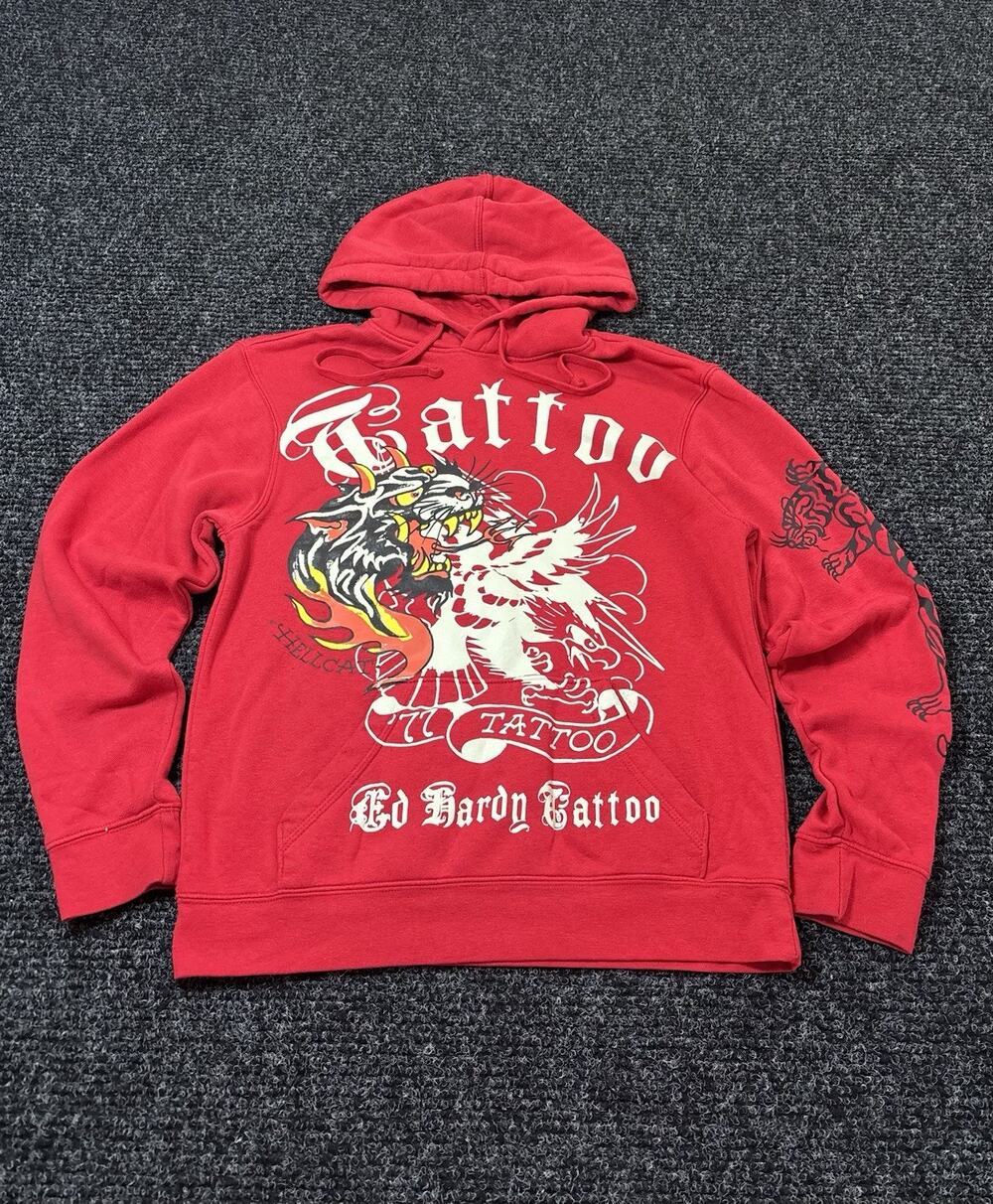 Ed Hardy Men's Red Pullover Hoodie S Tattoo Tiger Graphic Fleece Cotton Pockets
